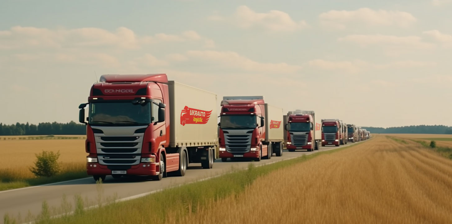 A convoy of red delivery trucks driving along a highway, surrounded by open fields and a clear sky, showcasing logistics and transportation in motion.